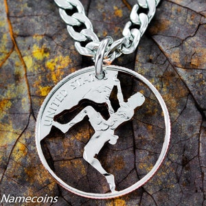Rock Climbing Gifts, Rock Climber Necklace, Sports Gifts For Men, Mountain Climbing Necklace, Guy Gifts, Hand Cut Coin