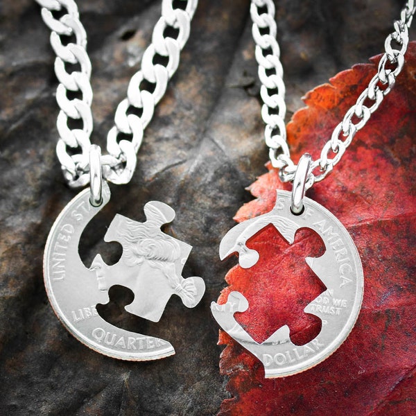 Puzzle Necklaces for 2, Puzzle Piece BFF Jewelry, Couples or Friendship Interlocking Love Quarter, Autism Gift, Hand Cut Coin