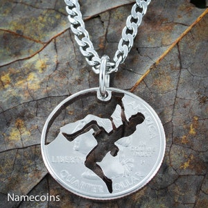 Rock Climbing Necklace, Guy and Boyfriend Gift, Rock Climber Jewelry, Hand Cut Coin