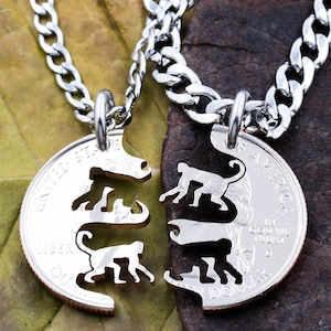 Monkey BFF Necklaces, Couples or Friendship Chimp Jewelry, Chimpanzee Handmade Coin Charm, Relationship Pendant