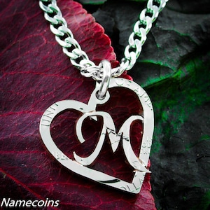 Monogram Initial Necklace, Personalized Heart, Double Rim Cut Coin