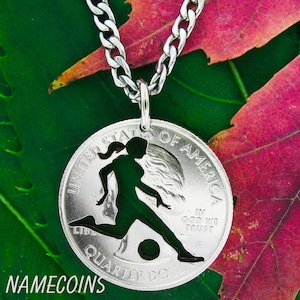 Woman Soccer Necklace, Striker, Sports Gifts for Girls, Hand Cut Coin