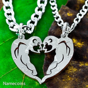 Tribal Monkey BFF Necklaces, Couples or Friendship Necklaces, Heart Jewelry, Half Dollar Cut Coin, Relationship Jewelry