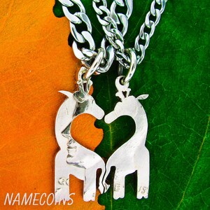Giraffe Necklaces, African Jewelry, Couples Jewelry, Animals Into Heart Cut in Half Dollar, Hand Cut Coin