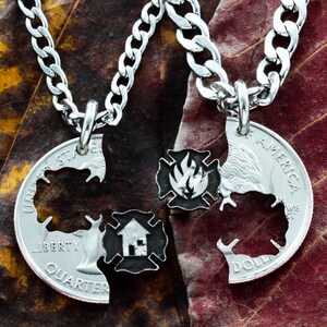 Firefighter Engraved Necklace Set, Couples Necklaces, Friends Interlocking Quarter