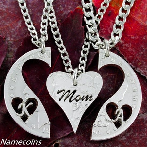 Mother&#39;s Necklaces for 3, Kids and Mom, Personalized, Handmade Jewelry, Hand Cut Coin