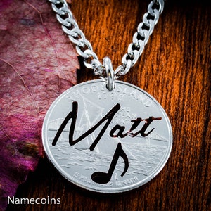 Personalized Name Necklace with Music Note, Personalized Jewelry, Hand Cut Coin
