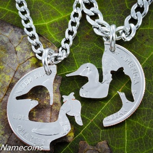 Duck Necklaces, Couples Necklaces, His and Hers Necklaces Cut from a Coin