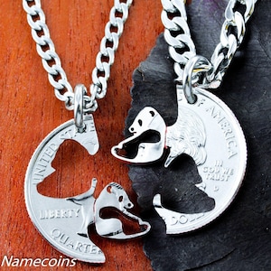 Panda BFF or Couples Necklaces, Asian Jewelry, Best Friend Gifts, Interlocking Couples Necklaces, Hand Cut Coin