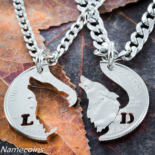 Howling Wolf Necklace with Custom Initials, BFF Gifts, His and Hers Matching Couples Jewelry, Hand Cut Coin