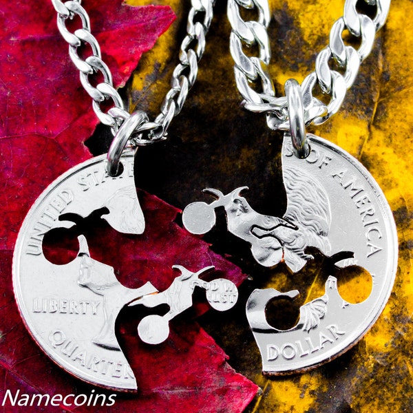 Dirt Bike BFF Necklaces for 2, Motocross Couples of Best Friends Gifts, Guys Jewelry, Extreme Couples Interlocking Relationship Quarter