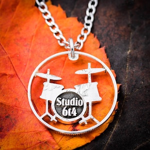 Custom Drum Set Necklace, Drummer Gift, Band Jewelry, Hand Cut Quarter