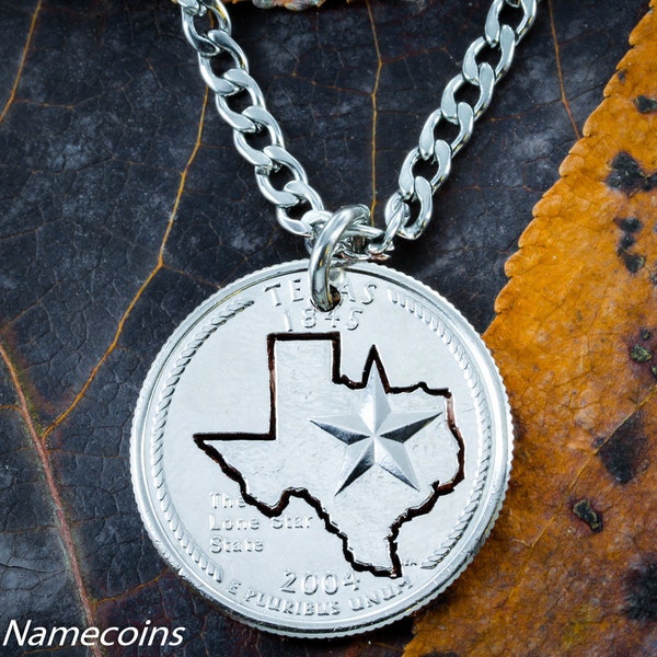 Texas State Necklace, State Quarter With Texas and Star Cut Around, Hand Cut Coin