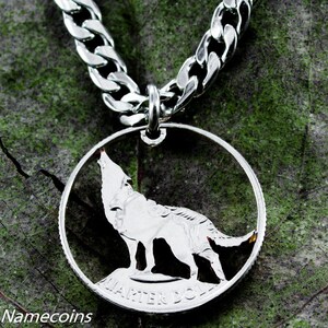 Wolf Jewelry, Howling Wolf Necklace, Hand Cut Coin, Quarter