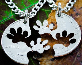 Dog Jewelry, Paw Print BFF Necklaces, Best friends Gifts, Interlocking Relationship Cut Coin, Necklace, Key Chain, or Collar Tag