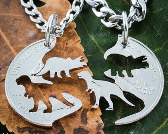 Dinosaur BFF Jewelry, Kids Best Friends Necklaces, T-rex and Triceratops Hand Cut on a Quarter