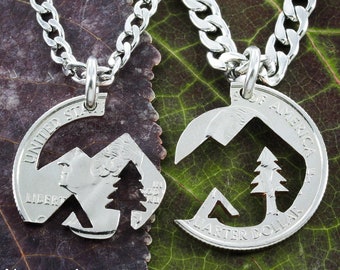 Native American Mountain BFF Necklace, Best Friends or Couples Gifts, Cut from a US Coin, Camping Lovers, Interlocking Like a Puzzle