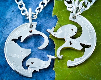 Whale Necklaces for Best Friends and Couples, Couples Jewelry, Hand Cut Coin