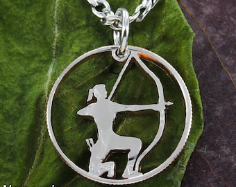 Girl Hunting Jewelry, Bow and Arrow Necklace, Hand Cut Coin Necklace