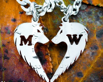 Wolf Heart Couples Necklace Set: Custom Initial BFF Jewelry