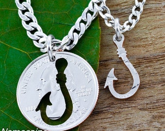 Fish Hook Couples or Best Friend Necklaces, Fishing Gift, Hand Cut Coin