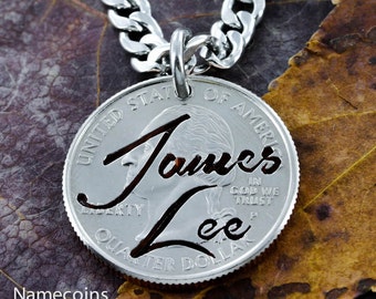 Name Necklace, Custom Name Jewelry, Hand Cut on a Quarter in Brush Script