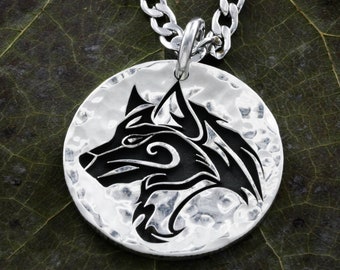 Silver Wolf Necklace, Loyal Pack, Engraved, Hammered Silver Quarter