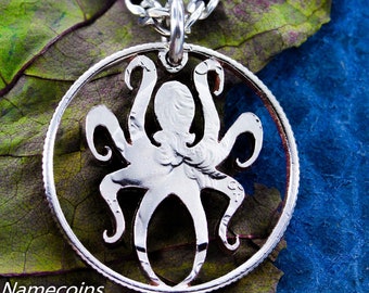 Octopus Necklace, Nautical Jewelry, Kraken Hand Cut Quarter