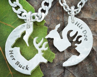 Silver His Buck and Her Doe Necklace, Hammered Silver, Couples Jewelry, Interlocking Relationship Set