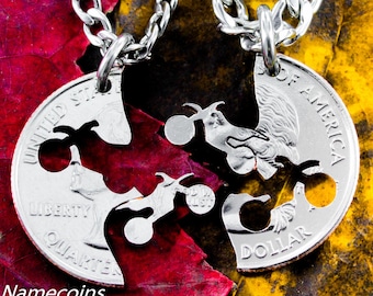 Dirt Bike BFF Necklaces for 2, Motocross Couples of Best Friends Gifts, Guys Jewelry, Extreme Couples Interlocking Relationship Quarter