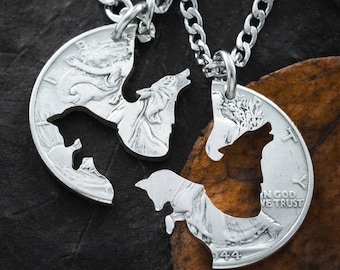 Wolf and Fox Best Friends Jewelry, BFF Gifts, Best Friends Forever Necklaces, Interlocking Puzzle Set, Made from a Hand Cut Coin