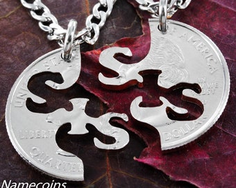 Sister BFF Necklaces, Best Friends Forever, Big Sis Little Sis, Interlocking Like a Puzzle, Hand Cut Coin