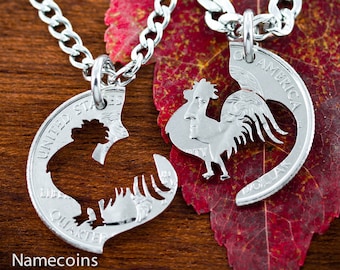 Rooster BFF Necklaces, Best Friend Gift, Interlocking Halves of a Coin