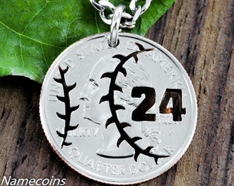 Baseball Jewelry, with Custom Jersey Numbers Quarter, Hand Cut Coin