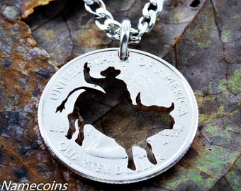 Hand Cut Coin Bull Rider Necklace, Western Gift