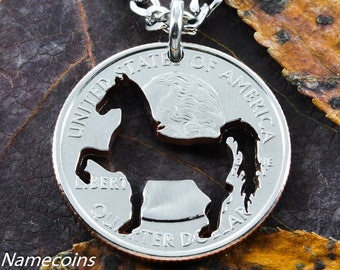 Horse Necklace, Cowgirl Jewelry, Prancing Horse, Hand Cut Coin
