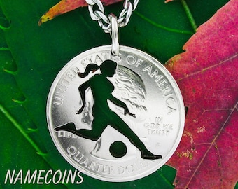 Woman Soccer Necklace, Striker, Sports Gifts for Girls, Hand Cut Coin