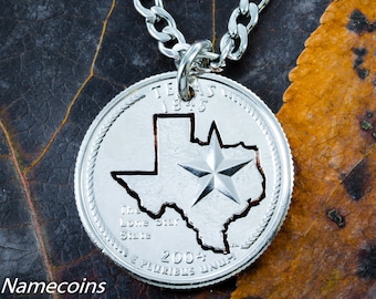 Texas State Necklace, State Quarter With Texas and Star Cut Around, Hand Cut Coin