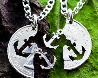 Anchor Best Friends Necklaces, Couples or Friendship Jewelry, BFF Gifts, Relationship Set, Hand Cut Coin