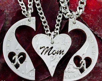 Mother's Necklaces for 3, Kids and Mom, Personalized, Handmade Jewelry, Hand Cut Coin