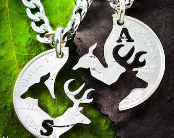 Hand Cut Buck and Doe Quarter Necklace: Personalized Initial Coin Jewelry