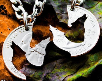 Hand Cut Wolf Necklace Set: Howling Wolves Quarter Coin Puzzle Jewelry