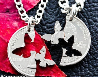 Butterfly BFF Necklace, Best Friends Gift, Interlocking Relationship Jewelry, Hand Crafted Cut Quarter