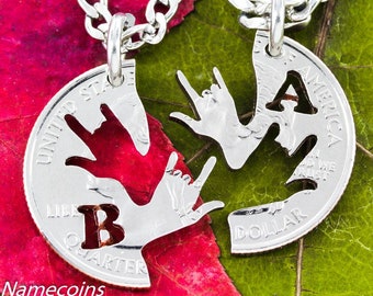 Best Friend Necklaces with Your Initials, ASL I Love You Hands, BFF Gifts, Hand Cut Coin