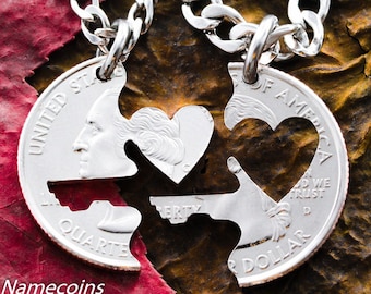 Key to Heart Necklace, Couples Jewelry, Interlocking Love Quarter, Hand Cut Coin