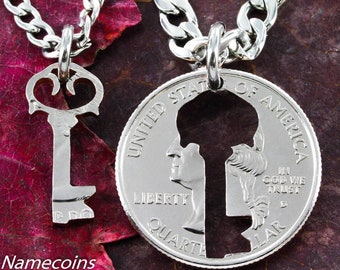 Key Necklace, Couples Jewelry Quarter, Relationship Hand Cut Coin
