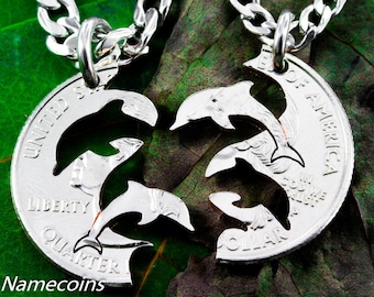 Dolphin Best Friend Necklaces for 2, BFF Gifts, Couples Necklaces, Interlocking Like A Puzzle, Relationship Set, Hand Cut Coin