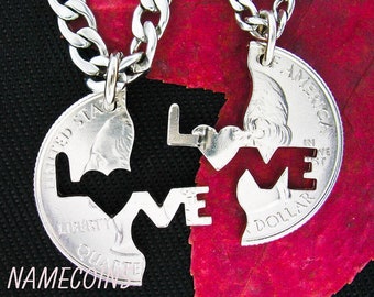 Love Puzzle Necklaces for Couples, Interlocking Quarter, Hand Cut Coin