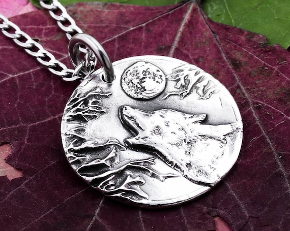 Silver Howling Wolf Necklace, Full Moon, Shadowed Branches, Forest Creature, Fine Handmade Jewelry, Pendant Gifts for Him or Her