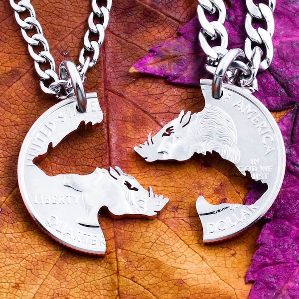 Hogs Necklaces, Animal Jewelry, Best Friends or Couples Interlocking Set, Boar Hunting, Hog Theme, Cut Coin